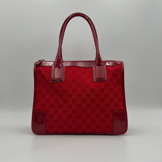 Gucci Red Monogram Canvas and Patent Leather Handbag