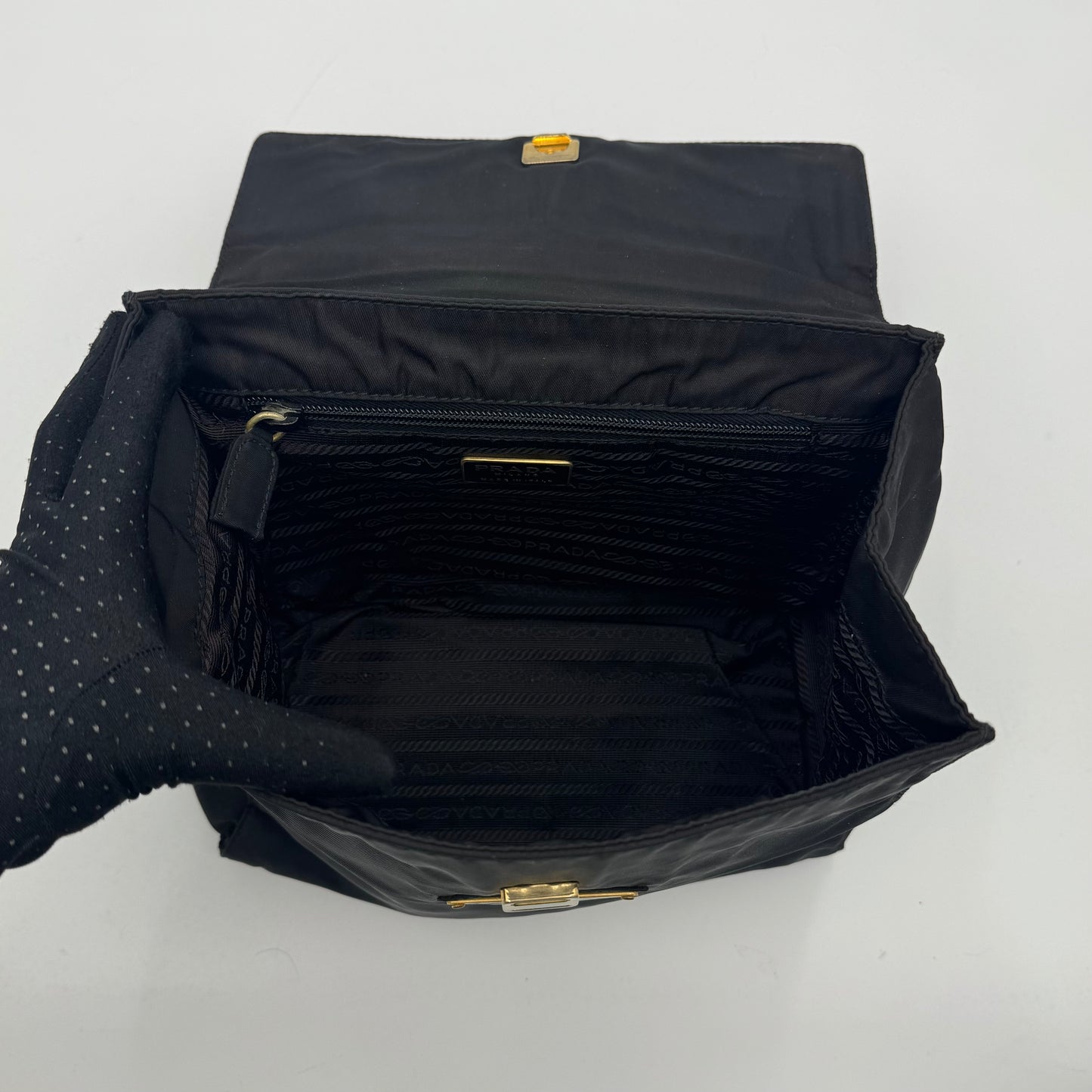 Prada Black Nylon Flap Gold Handle Handbag