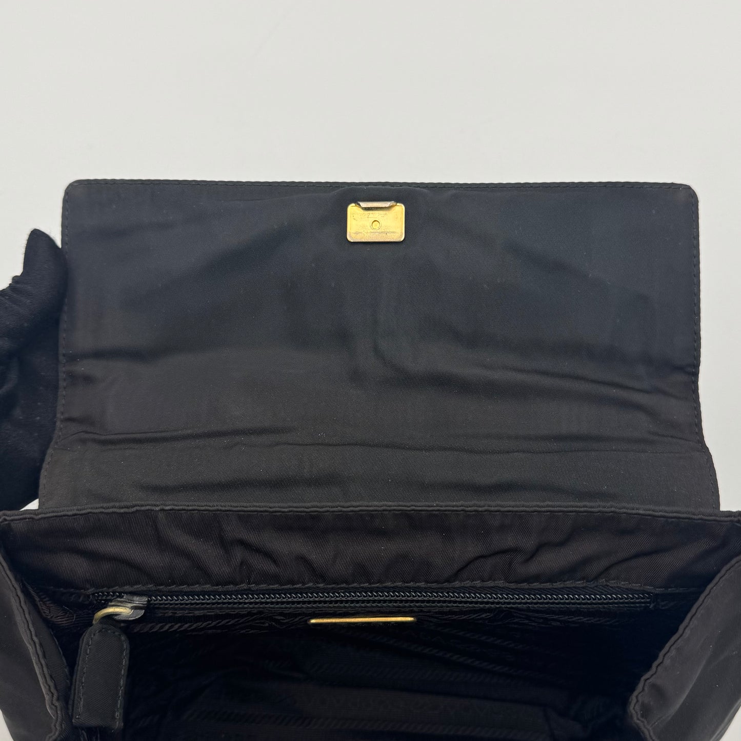 Prada Black Nylon Flap Gold Handle Handbag