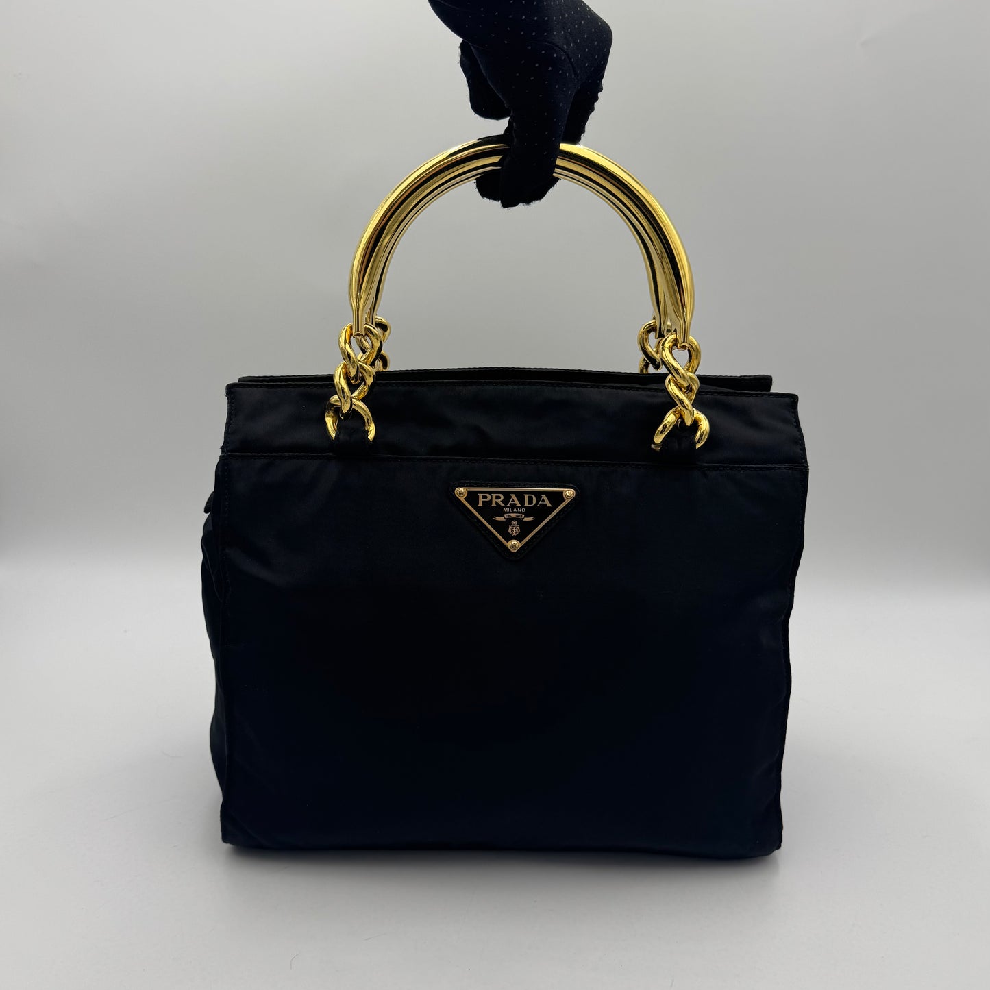 Prada Black Nylon Gold Handle Zip Handbag