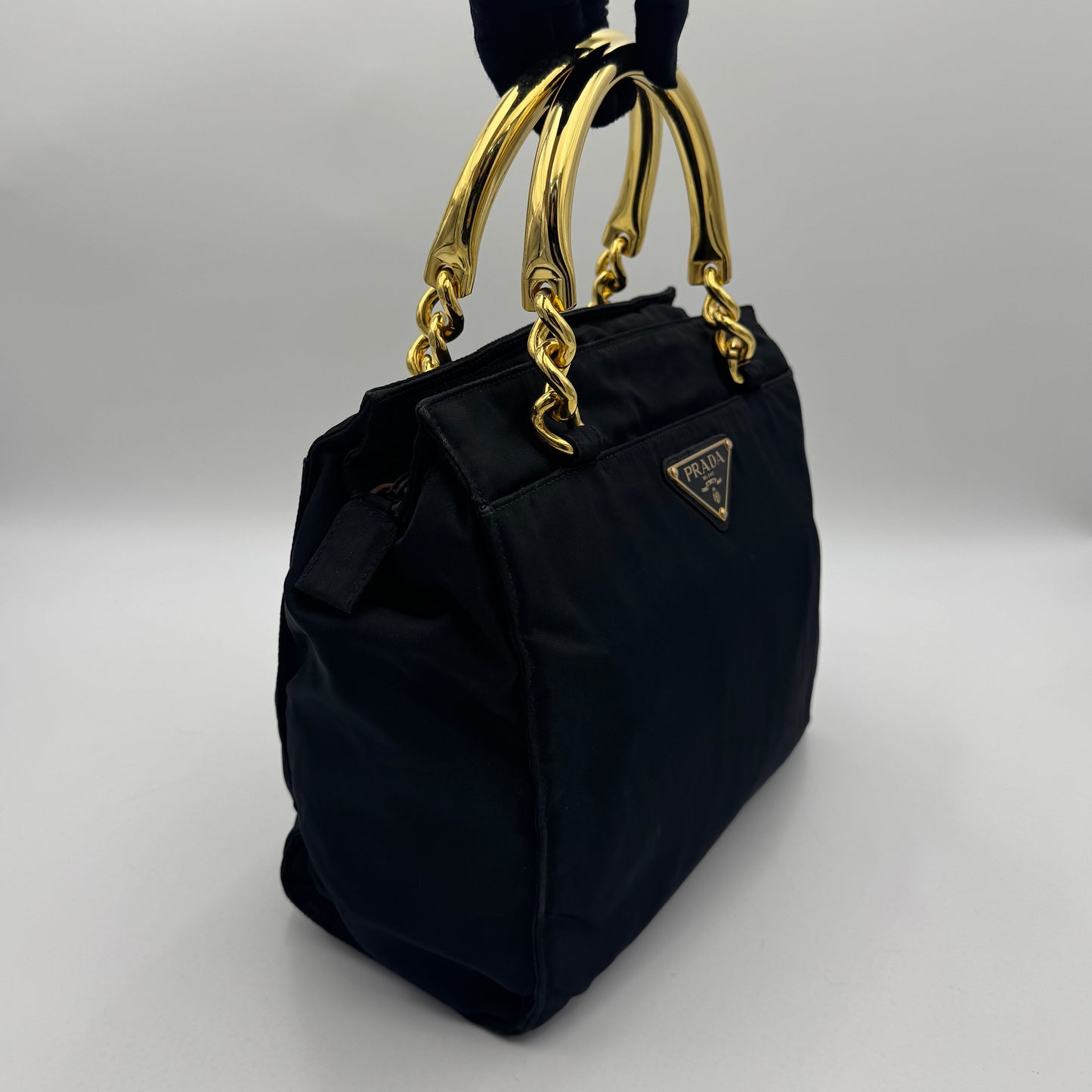 Prada Black Nylon Gold Handle Zip Handbag