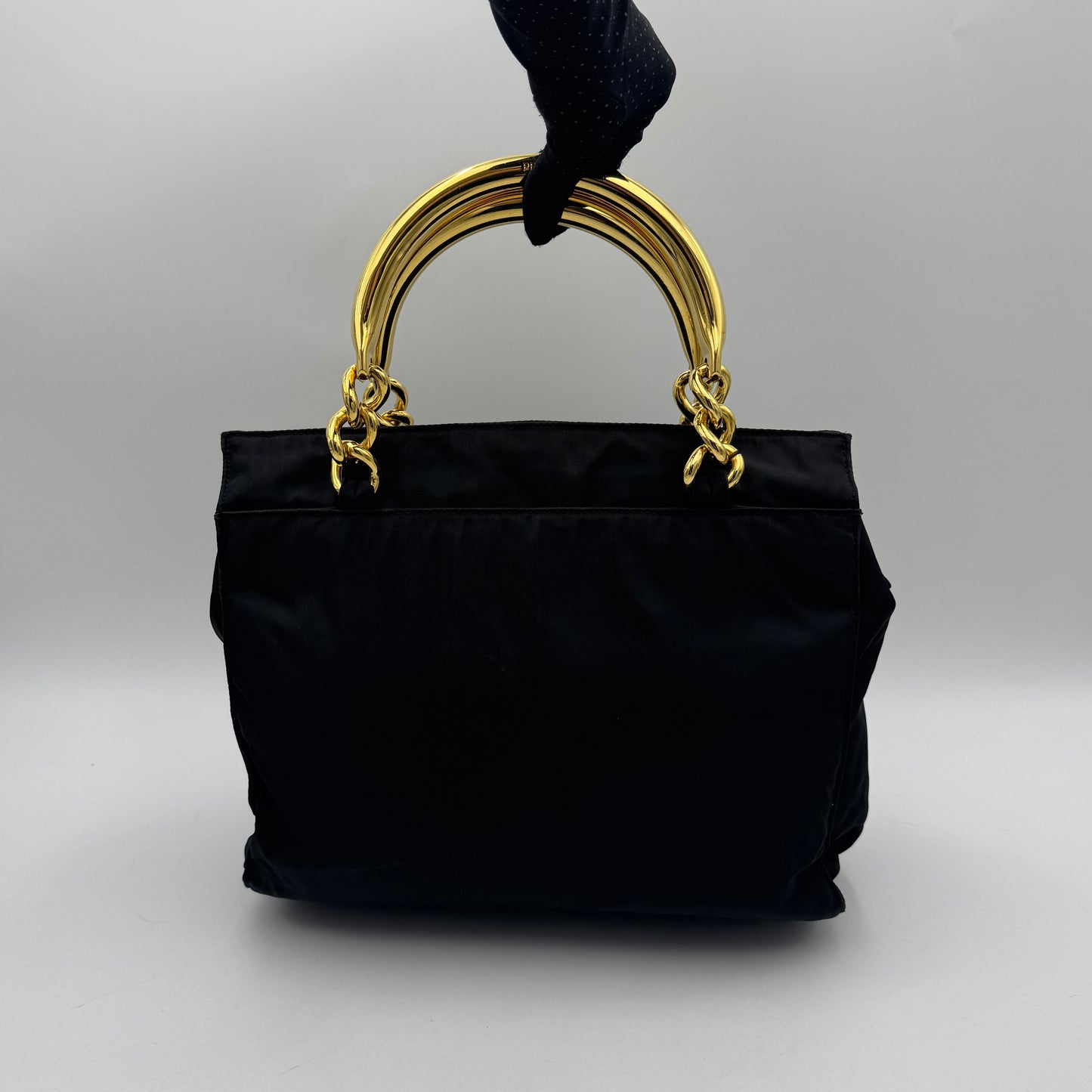 Prada Black Nylon Gold Handle Zip Handbag