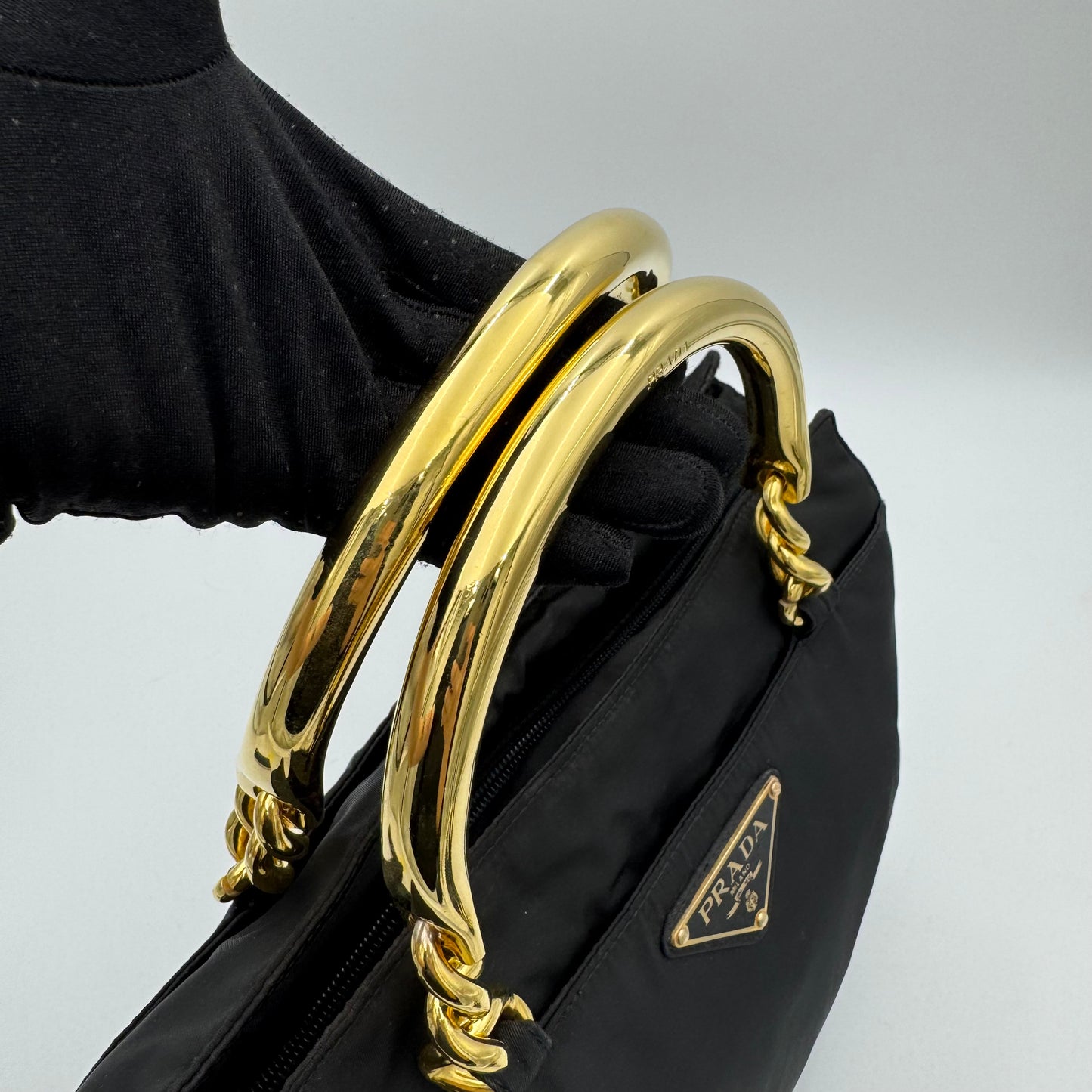 Prada Black Nylon Gold Handle Zip Handbag