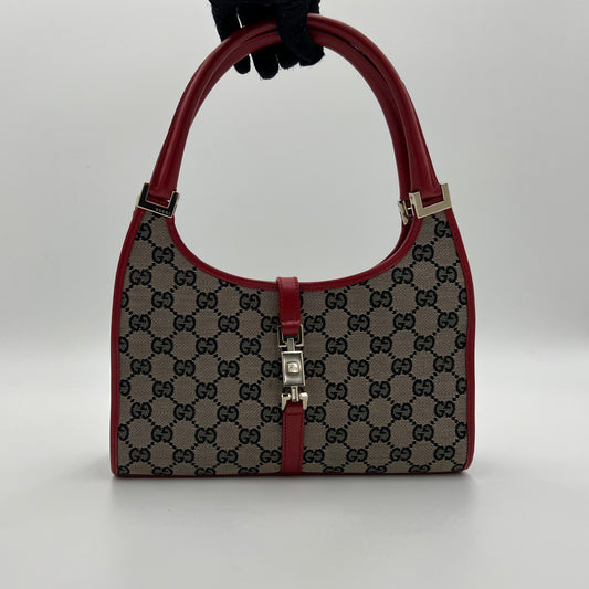Gucci Blue Red Monogram Canvas and Leather Small Bardot Jackie