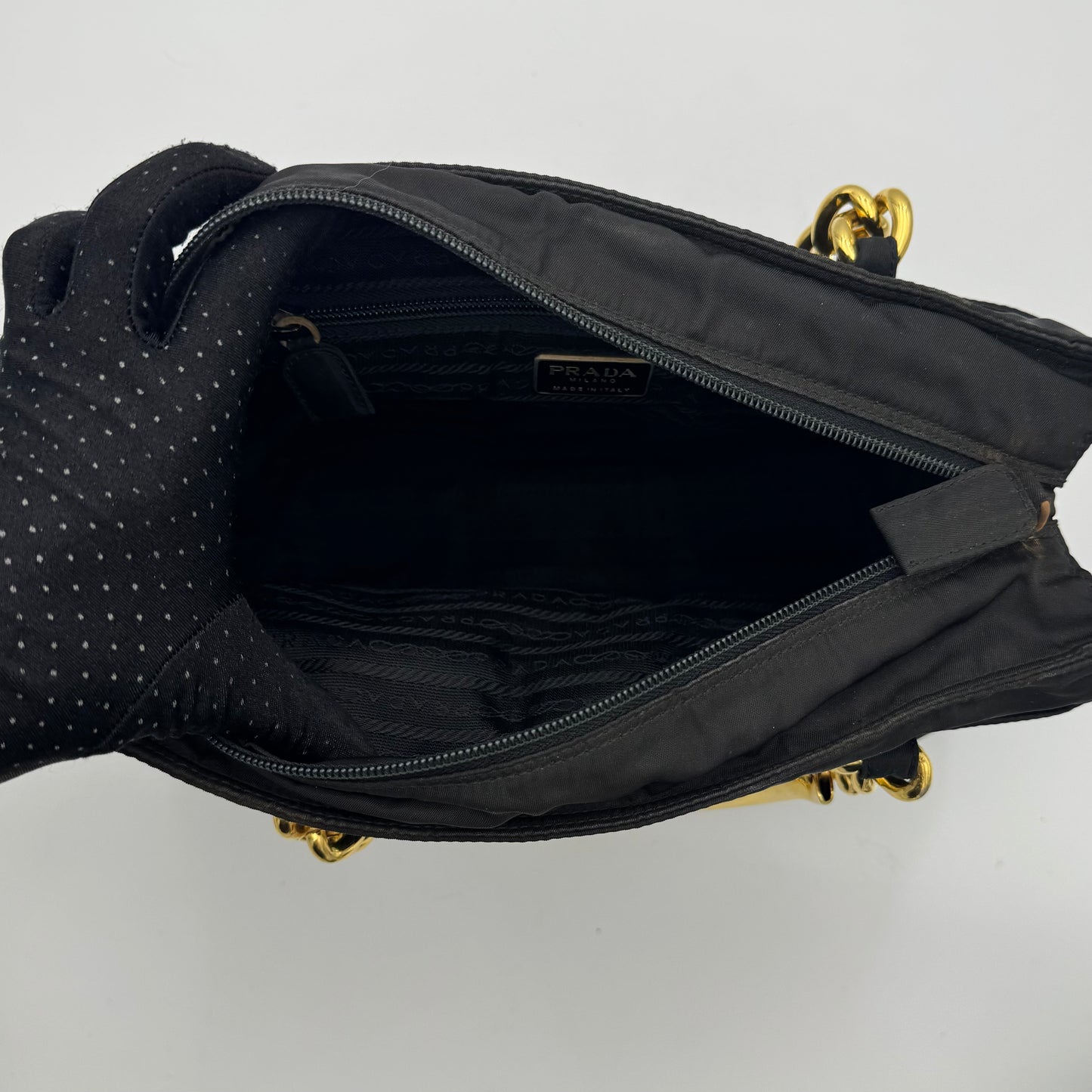 Prada Black Nylon Gold Handle Zip Handbag