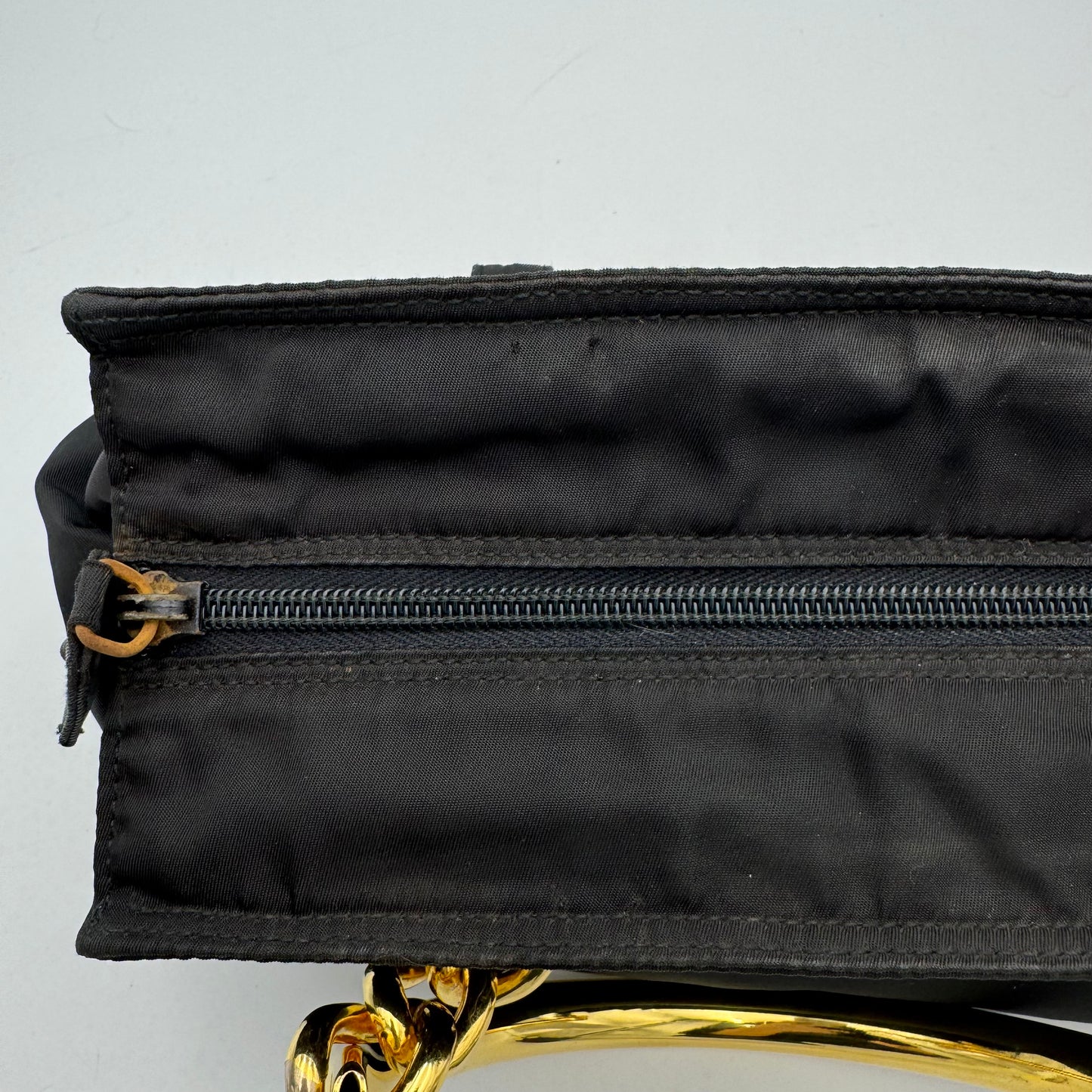 Prada Black Nylon Gold Handle Zip Handbag