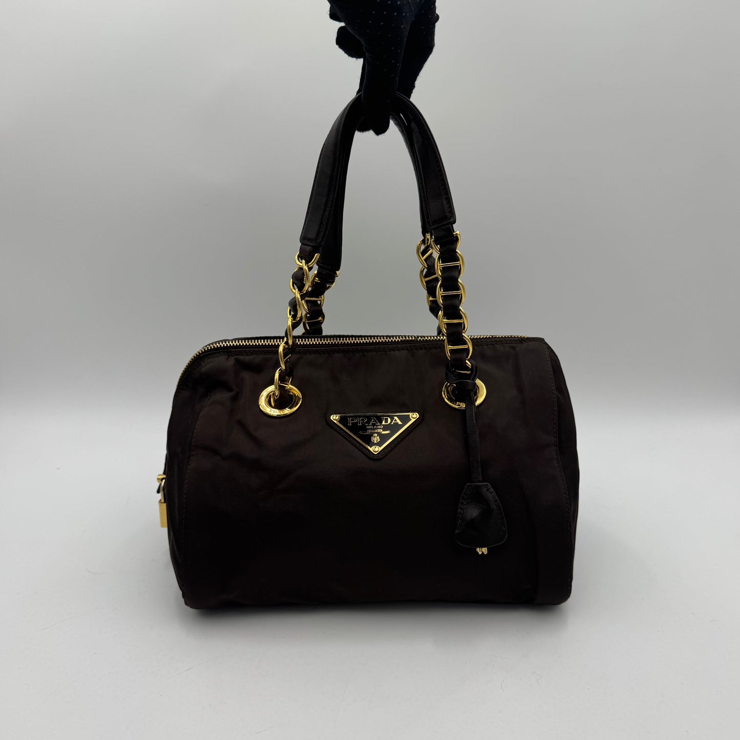 Prada Dark Brown Nylon and Leather Chain Mini Boston GHW