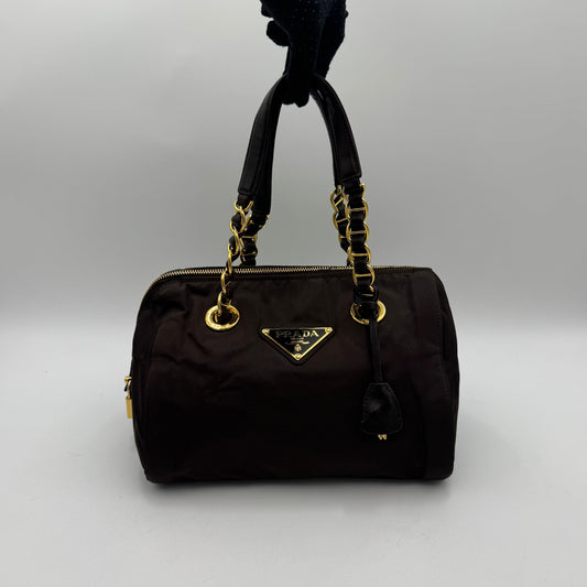 Prada Dark Brown Nylon and Leather Chain Mini Boston GHW