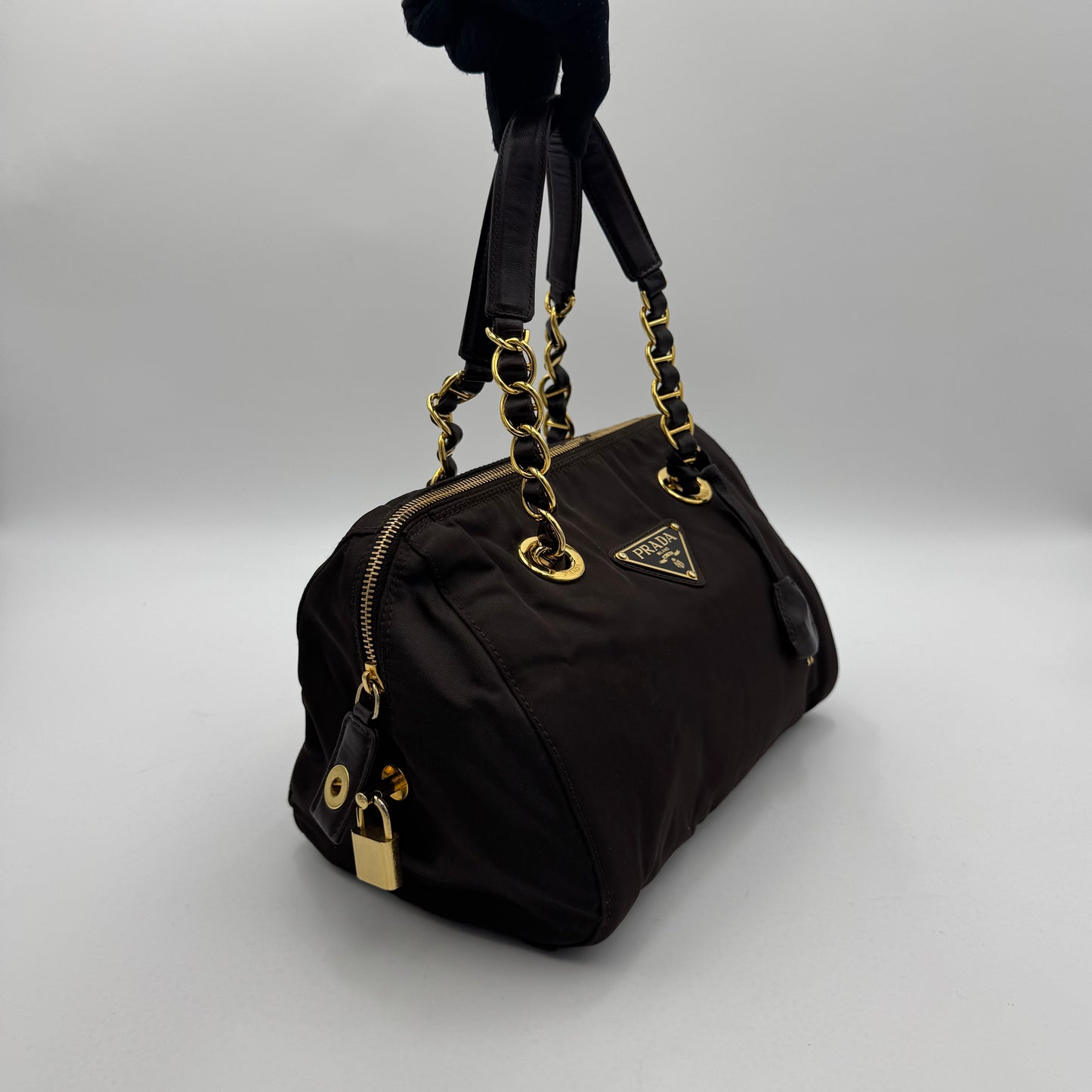Prada Dark Brown Nylon and Leather Chain Mini Boston GHW