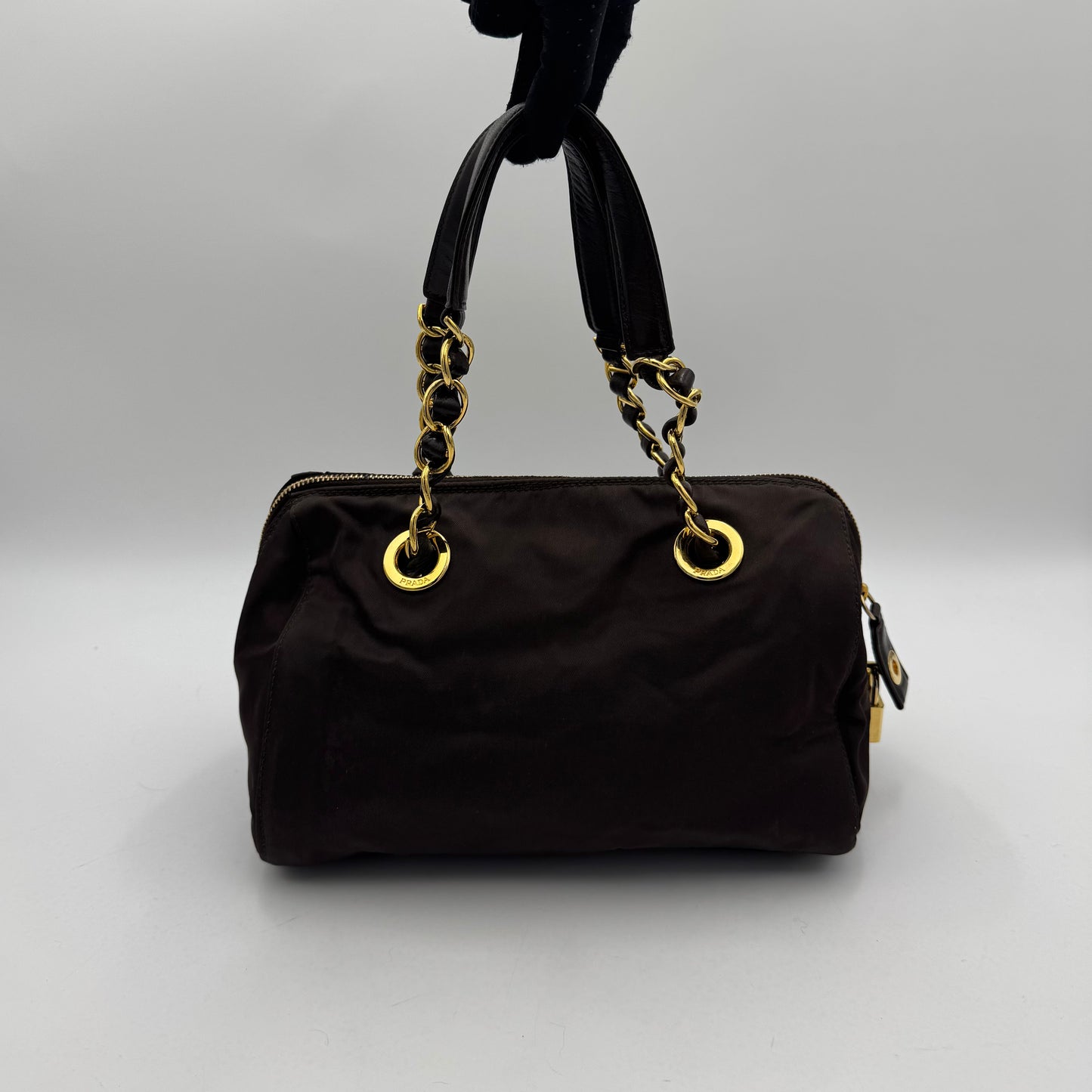 Prada Dark Brown Nylon and Leather Chain Mini Boston GHW
