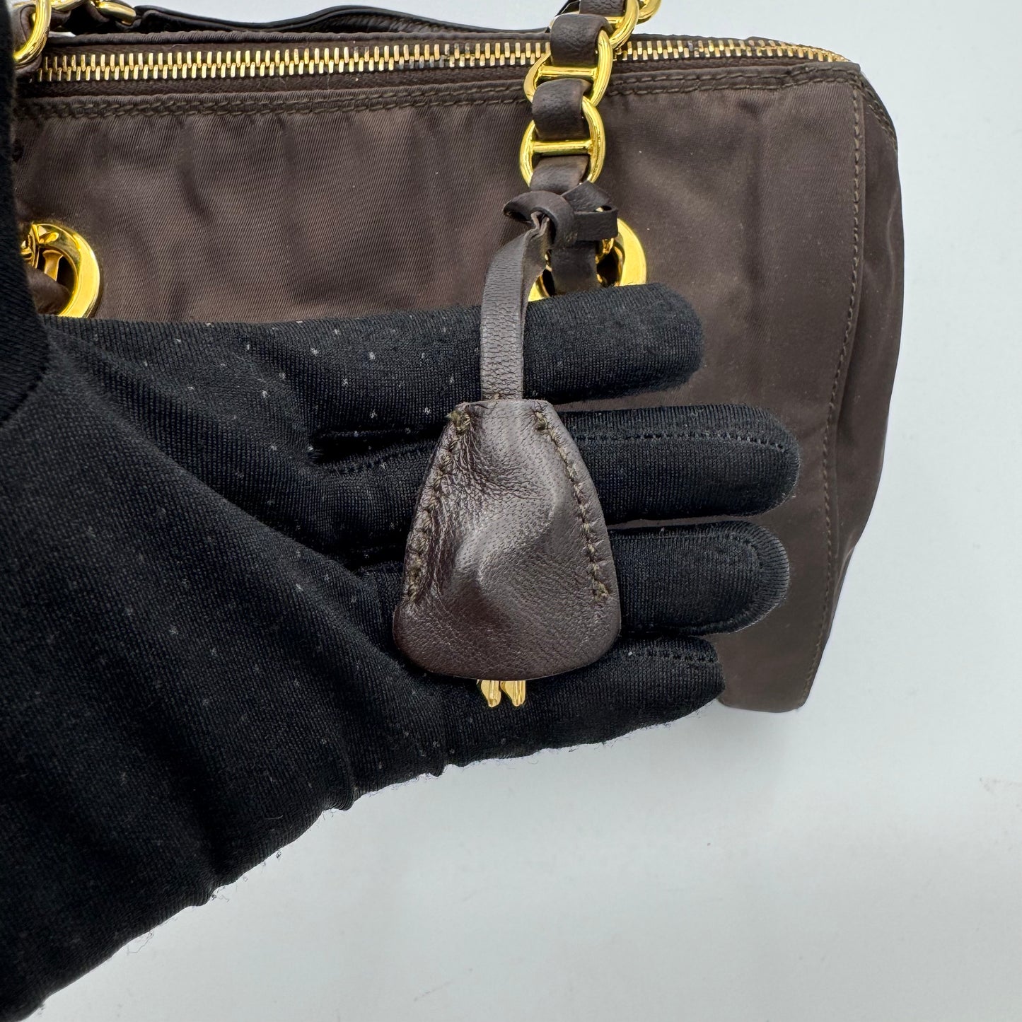 Prada Dark Brown Nylon and Leather Chain Mini Boston GHW