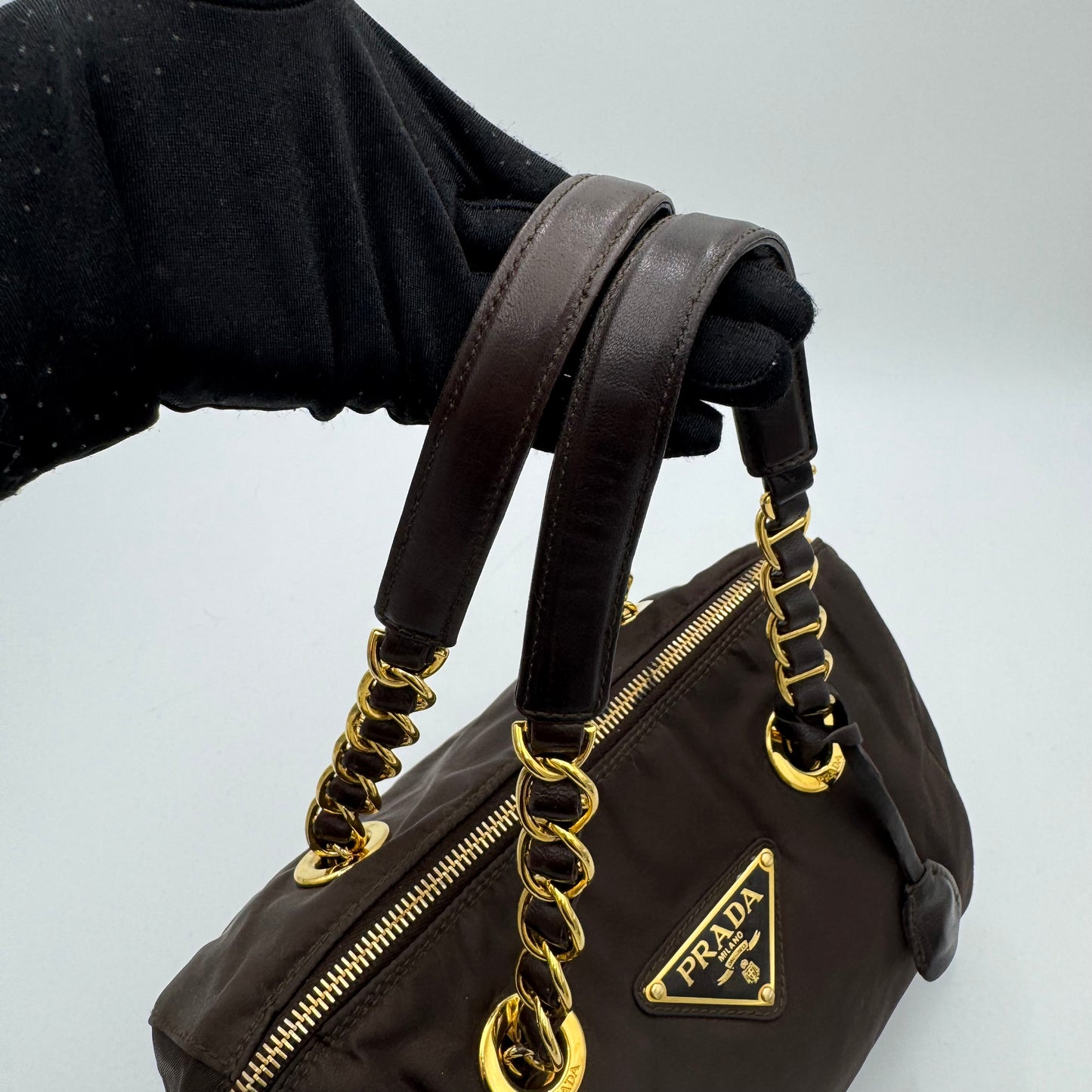 Prada Dark Brown Nylon and Leather Chain Mini Boston GHW