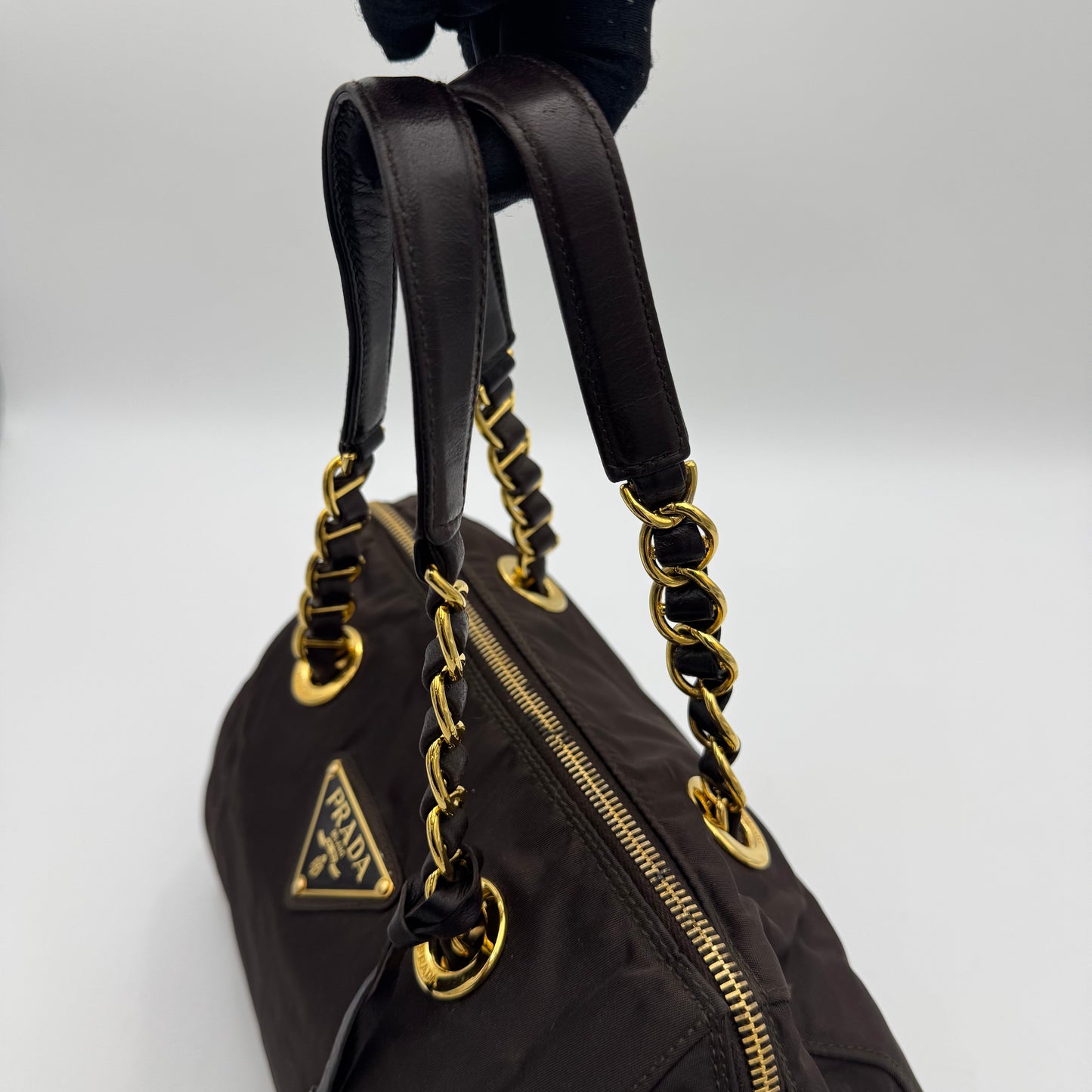 Prada Dark Brown Nylon and Leather Chain Mini Boston GHW