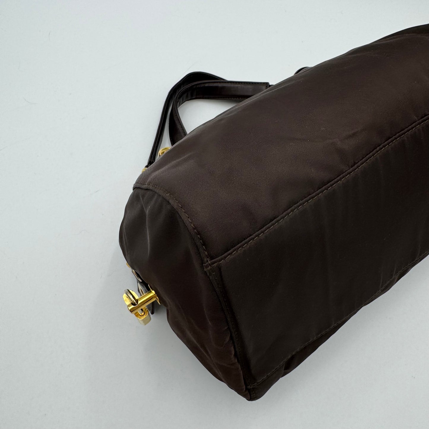 Prada Dark Brown Nylon and Leather Chain Mini Boston GHW