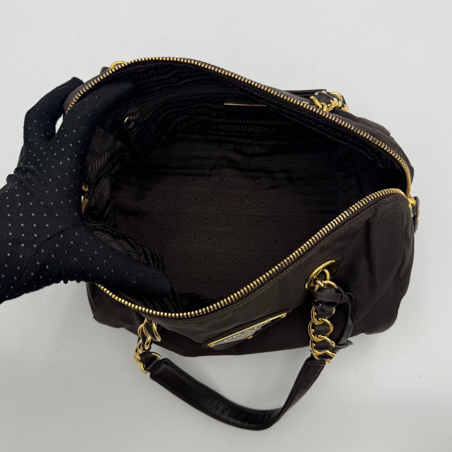 Prada Dark Brown Nylon and Leather Chain Mini Boston GHW