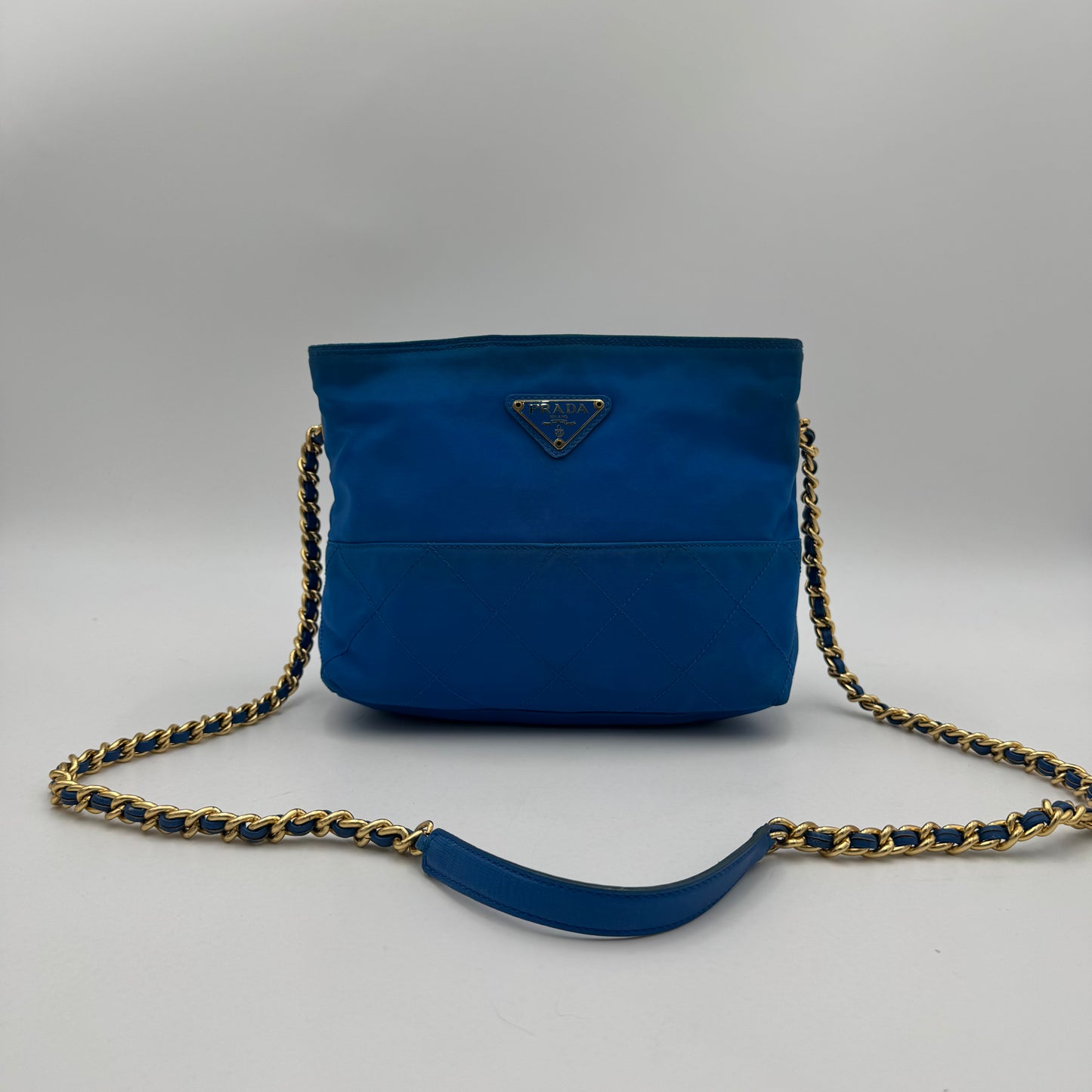 Prada Azure Blue Quilted Nylon Chain Crossbody GHW