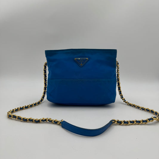 Prada Azure Blue Quilted Nylon Chain Crossbody GHW