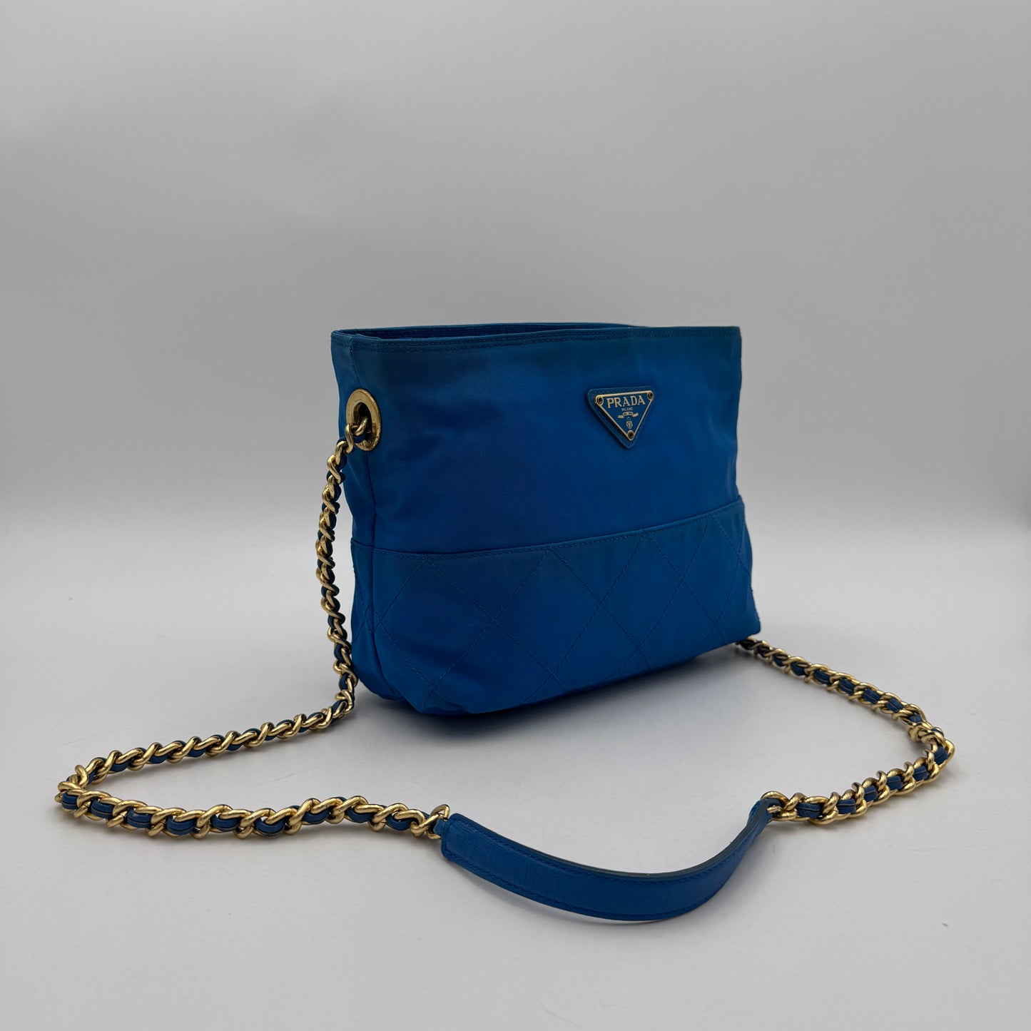 Prada Azure Blue Quilted Nylon Chain Crossbody GHW