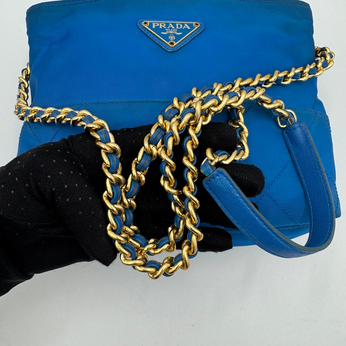 Prada Azure Blue Quilted Nylon Chain Crossbody GHW