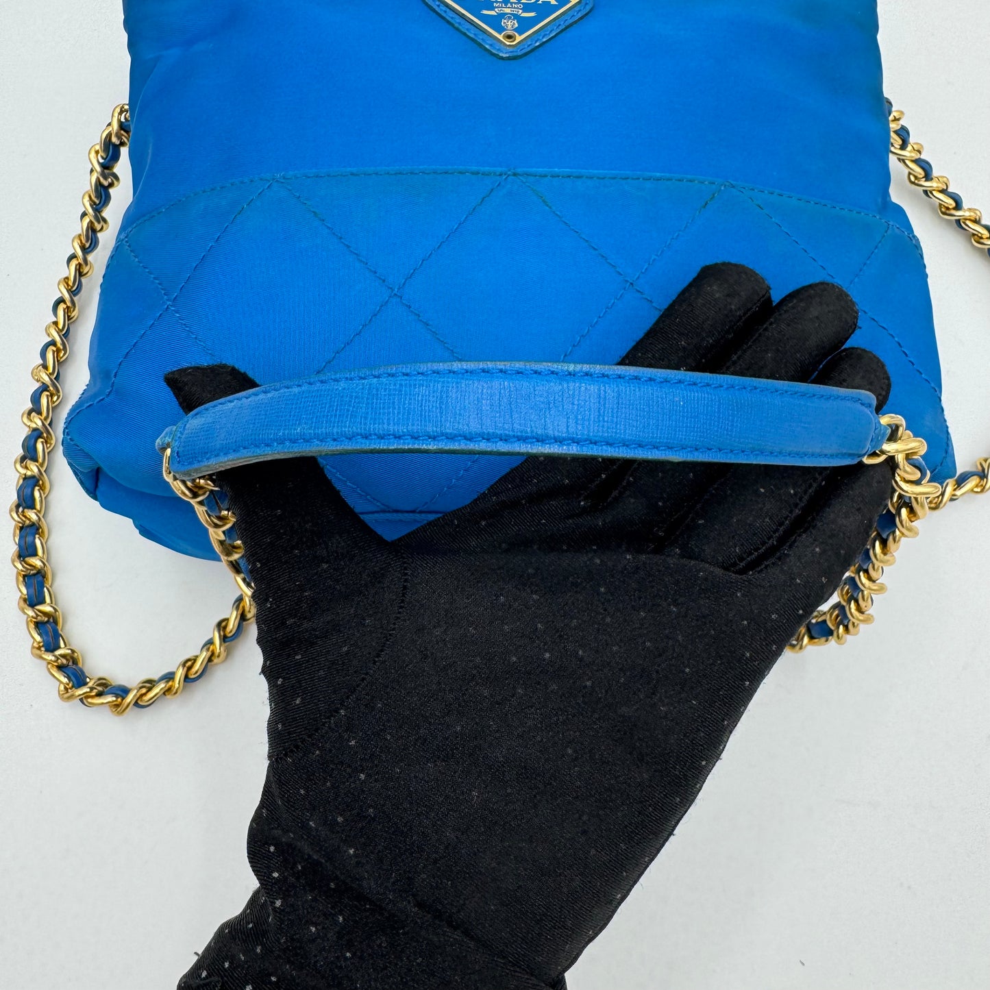 Prada Azure Blue Quilted Nylon Chain Crossbody GHW