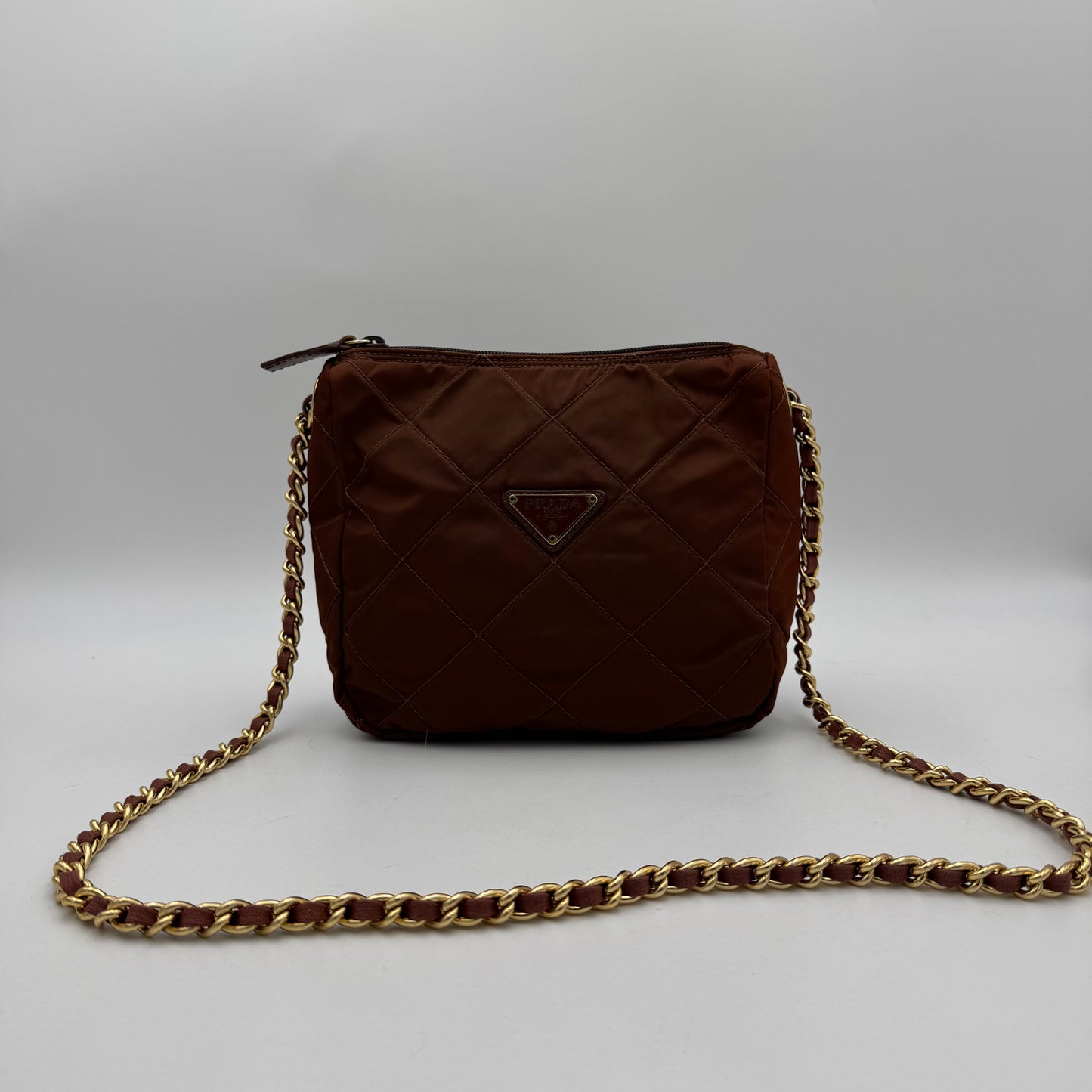 Prada Brown Quilted Nylon Chain Crossbody GHW