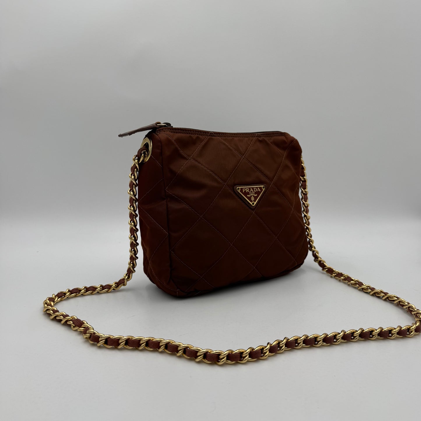 Prada Brown Quilted Nylon Chain Crossbody GHW