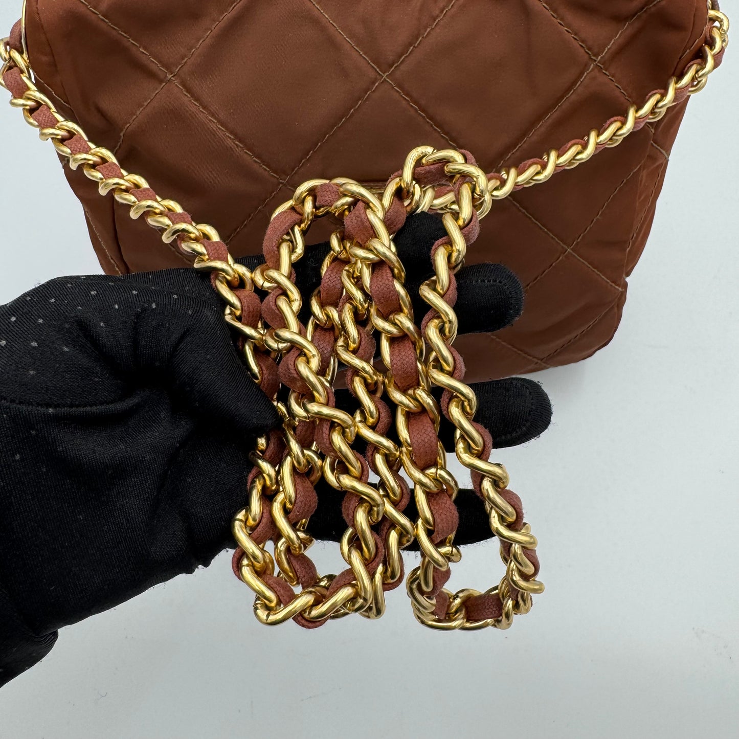 Prada Brown Quilted Nylon Chain Crossbody GHW