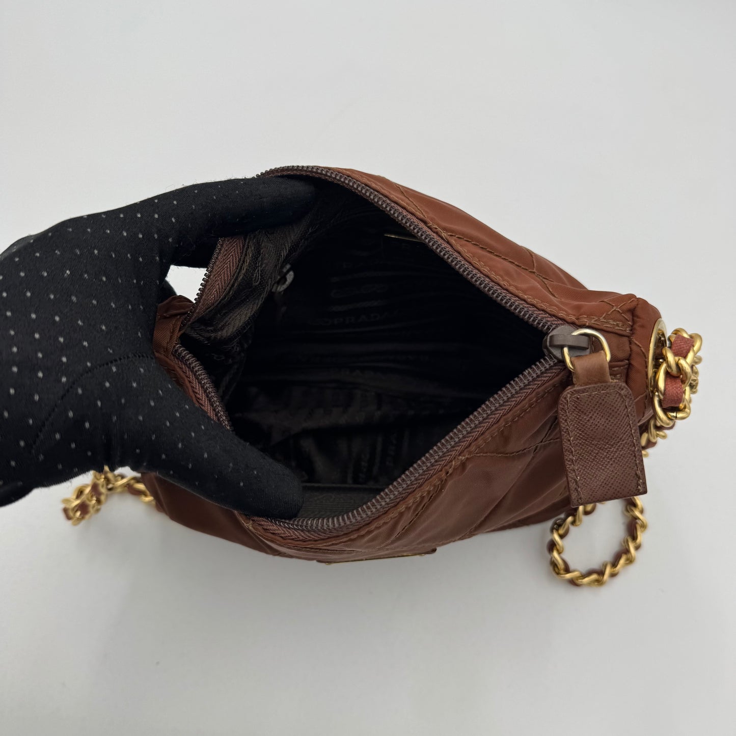 Prada Brown Quilted Nylon Chain Crossbody GHW