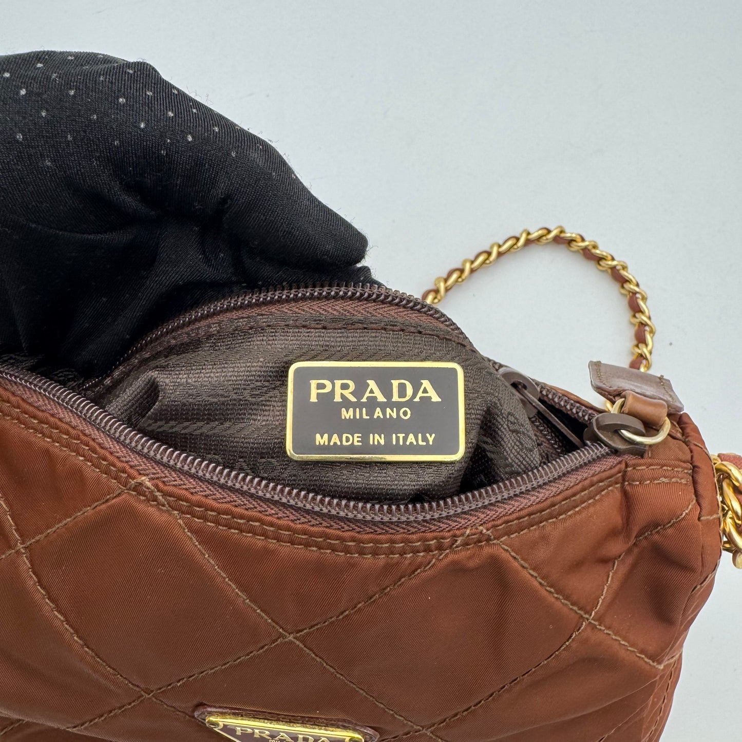Prada Brown Quilted Nylon Chain Crossbody GHW