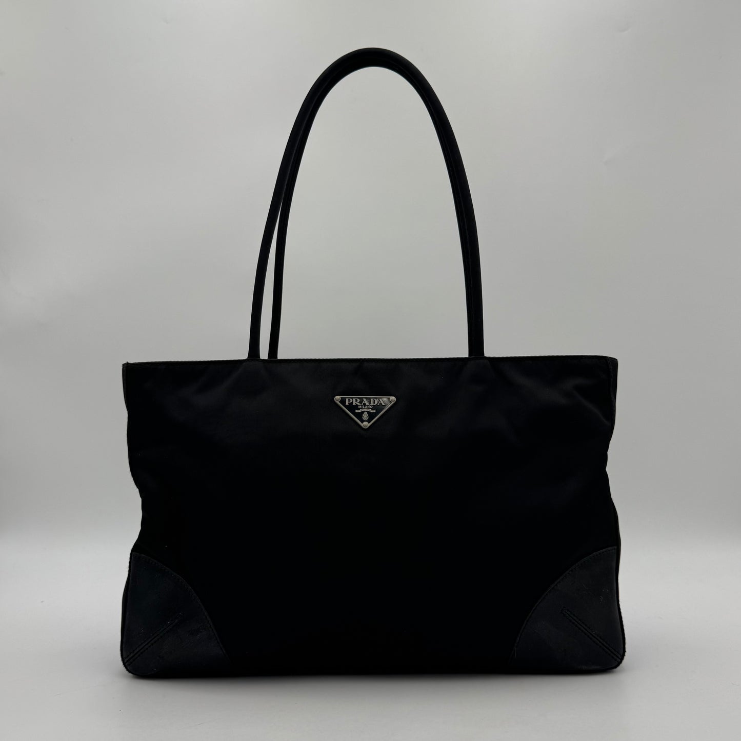 Prada Black Nylon and Leather Horizontal Long Strap Zip Tote