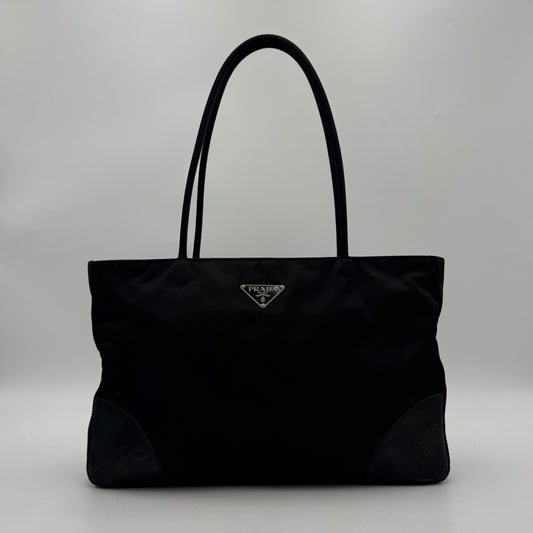 Prada Black Nylon and Leather Horizontal Long Strap Zip Tote