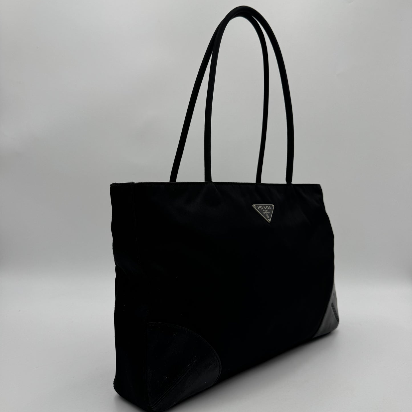 Prada Black Nylon and Leather Horizontal Long Strap Zip Tote