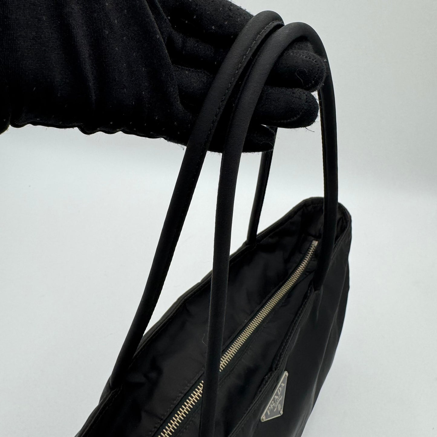 Prada Black Nylon and Leather Horizontal Long Strap Zip Tote