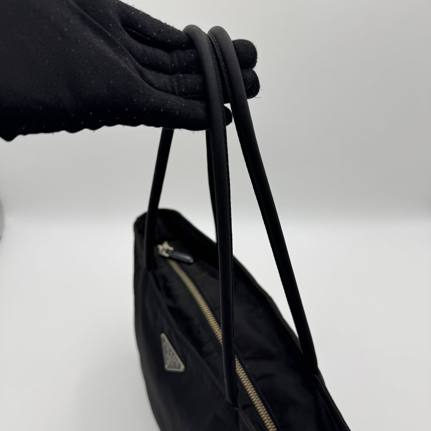 Prada Black Nylon and Leather Horizontal Long Strap Zip Tote
