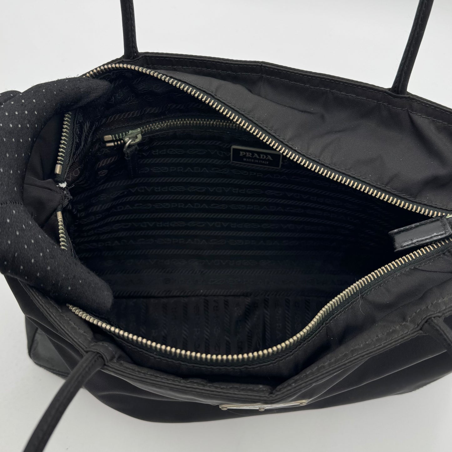 Prada Black Nylon and Leather Horizontal Long Strap Zip Tote