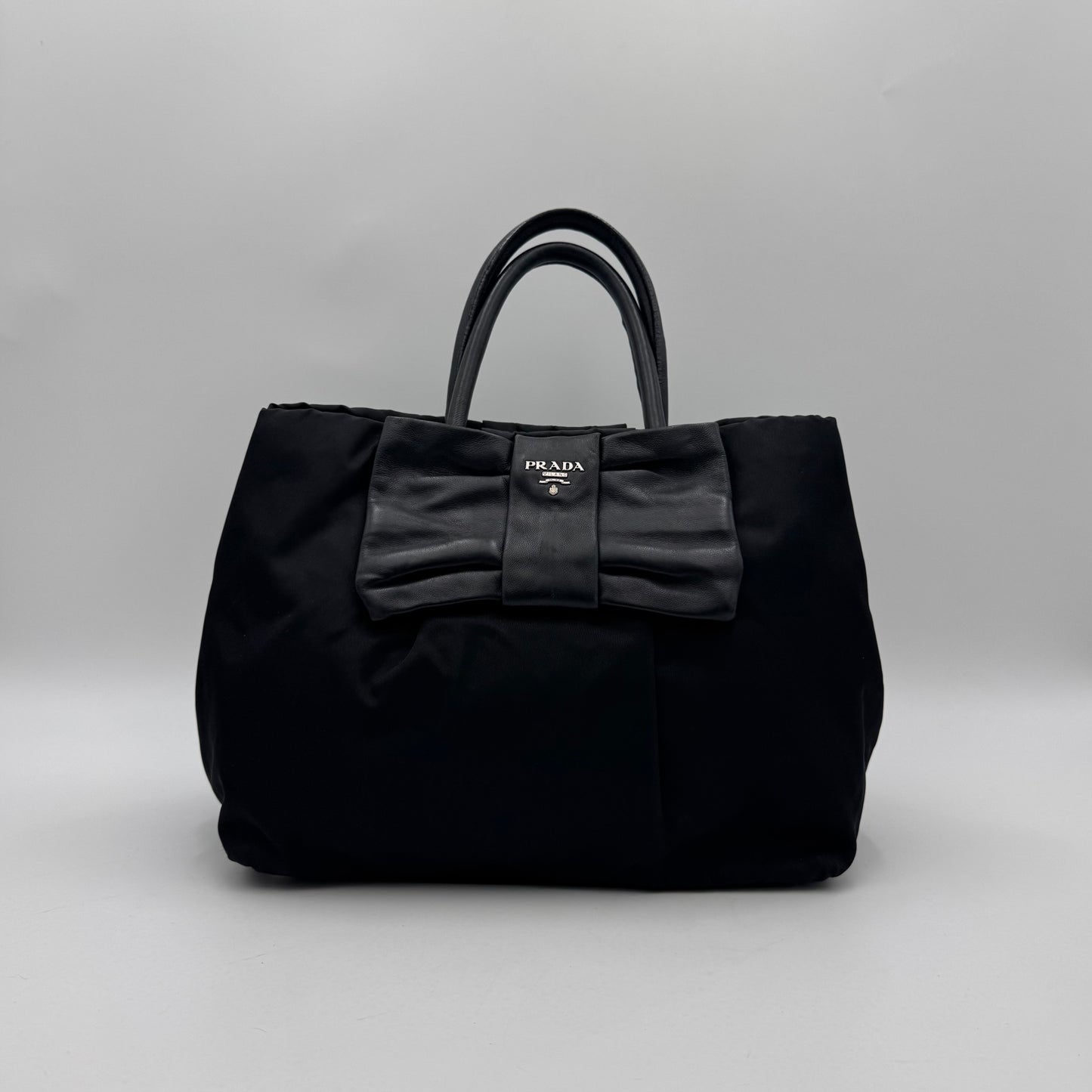 Prada Black Nylon and Leather Bow Tote SHW
