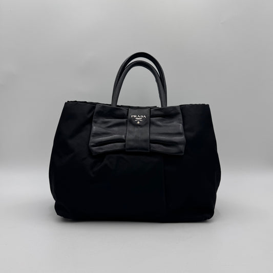 Prada Black Nylon and Leather Bow Tote SHW