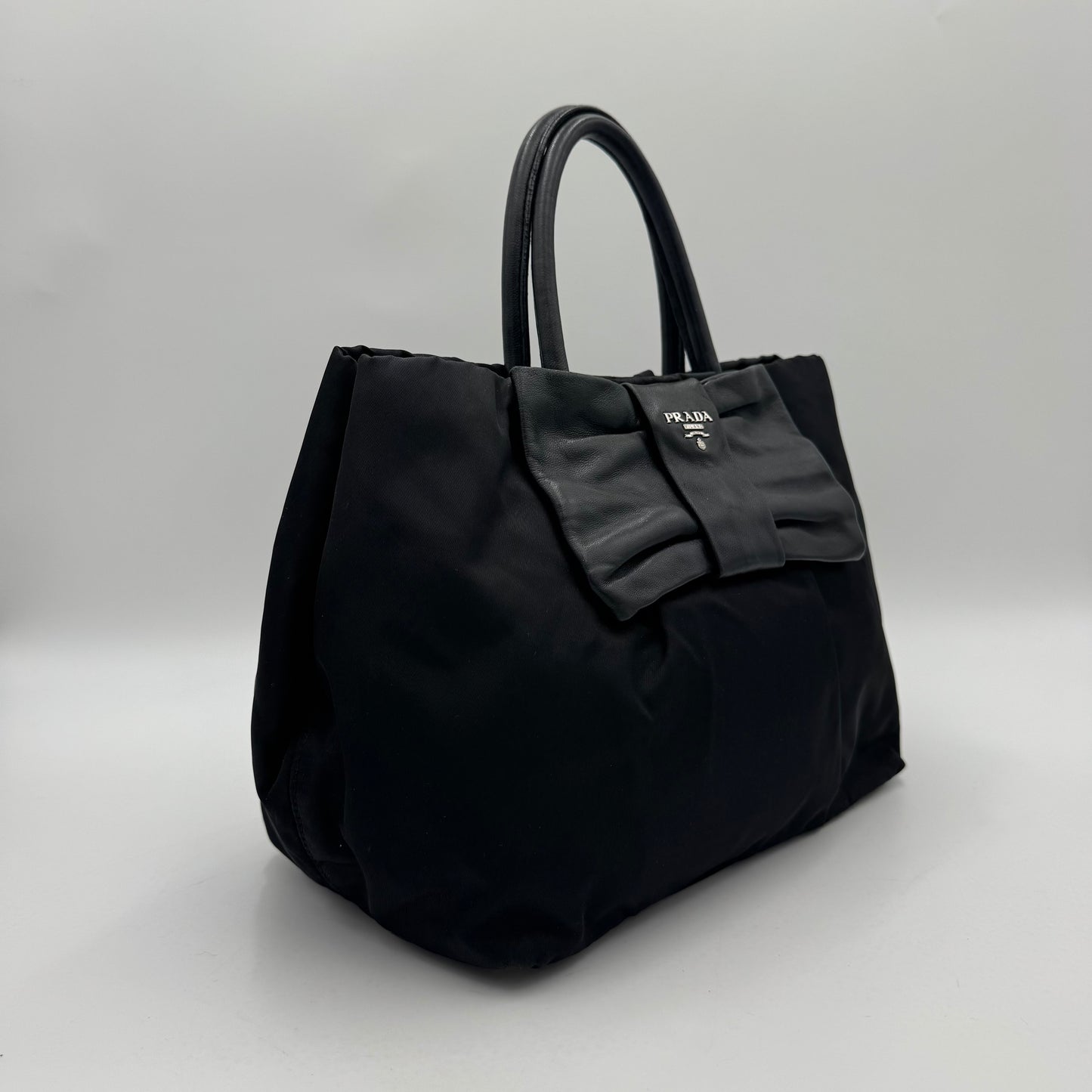 Prada Black Nylon and Leather Bow Tote SHW
