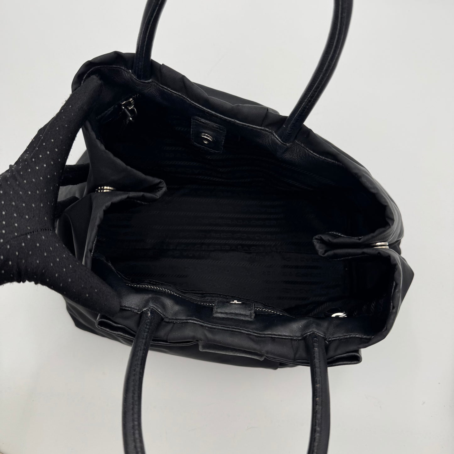 Prada Black Nylon and Leather Bow Tote SHW