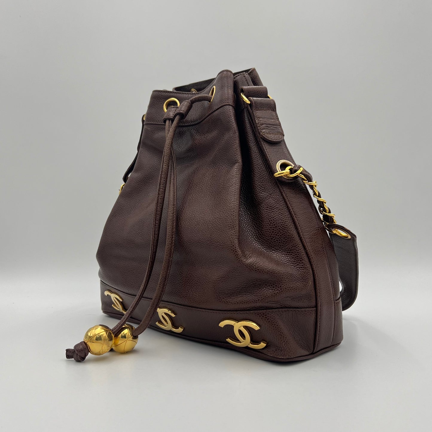 Chanel Vintage Brown Caviar Leather Triple CC Drawstring Bucket Bag Series 2