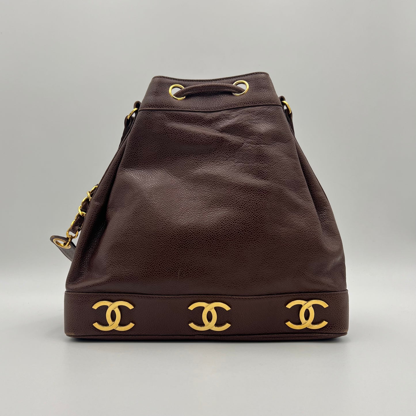 Chanel Vintage Brown Caviar Leather Triple CC Drawstring Bucket Bag Series 2