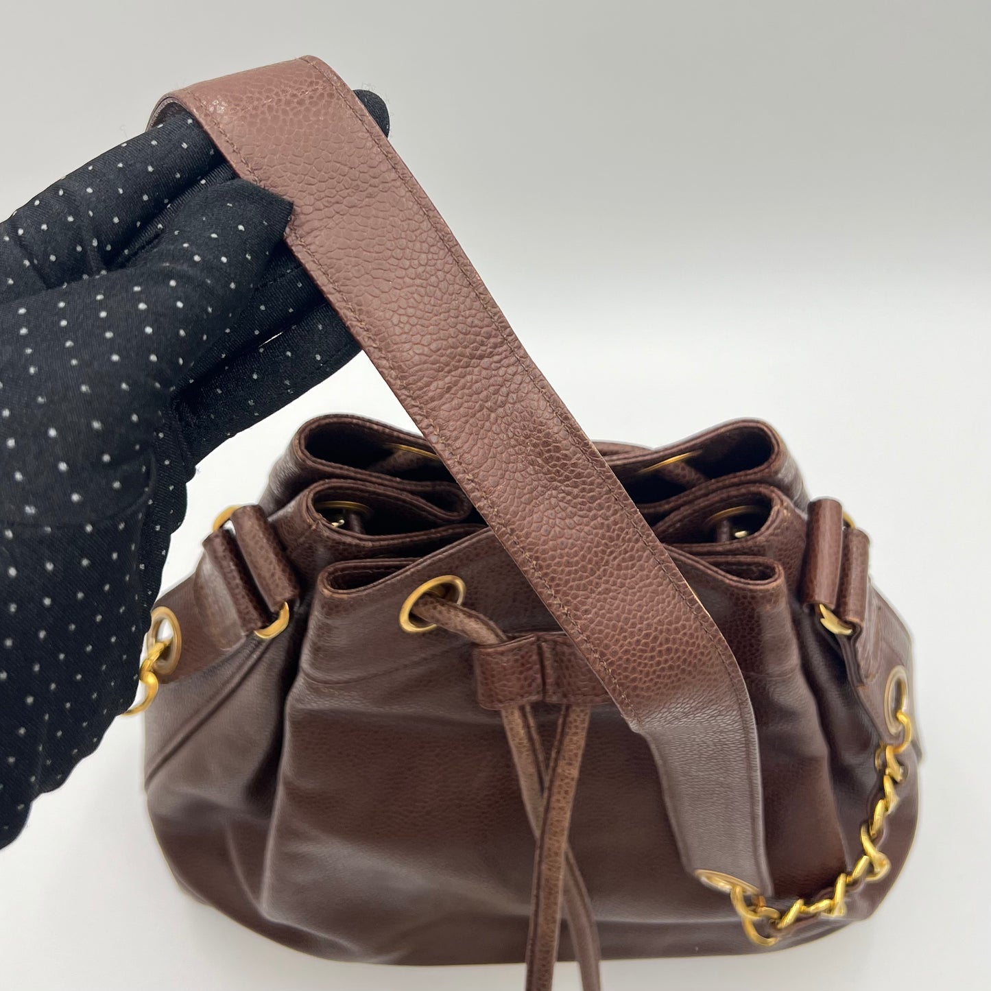Chanel Vintage Brown Caviar Leather Triple CC Drawstring Bucket Bag Series 2