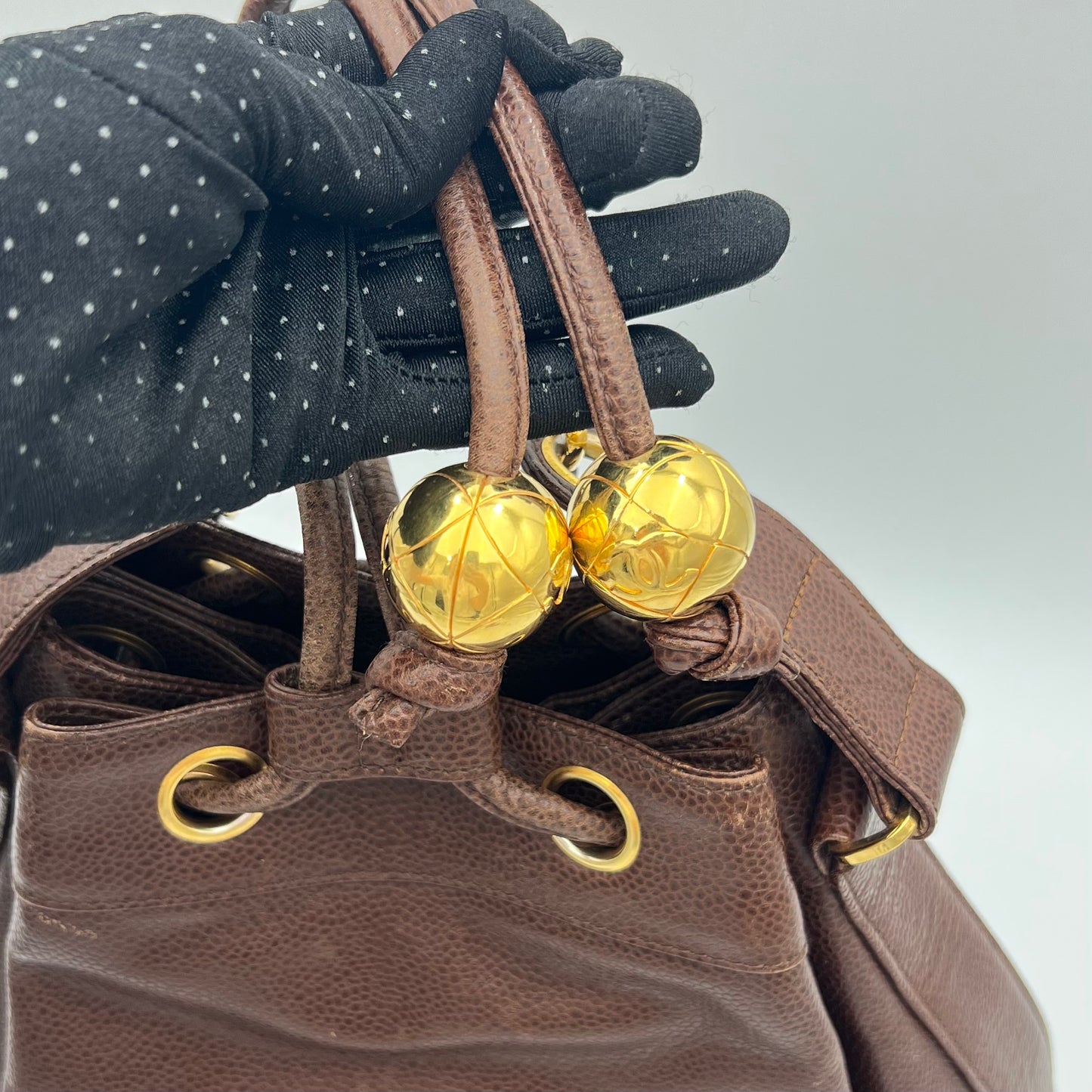 Chanel Vintage Brown Caviar Leather Triple CC Drawstring Bucket Bag Series 2