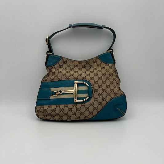 Gucci Brown Monogram Canvas Turquoise Blue Leather Horsebit Shoulder Bag