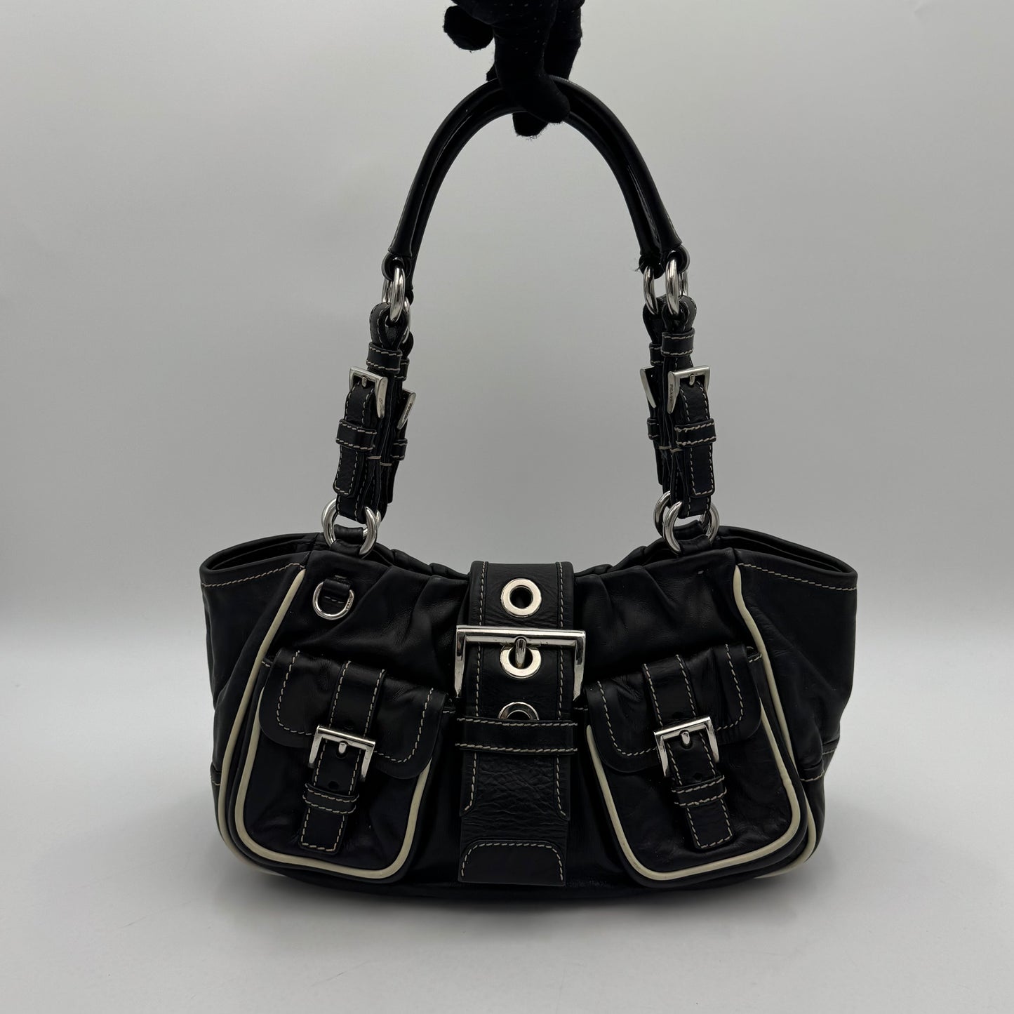 Prada Black Leather Double Pocket Buckle Satchel