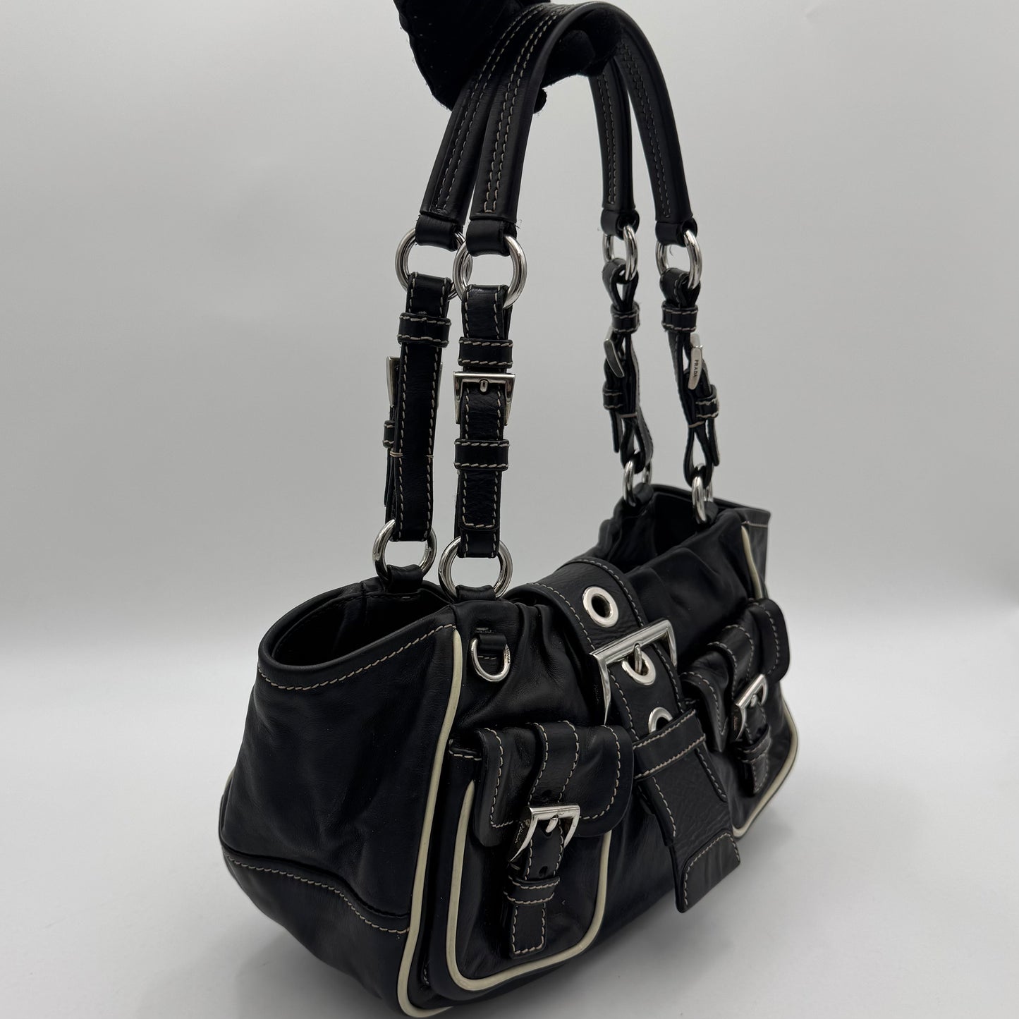 Prada Black Leather Double Pocket Buckle Satchel