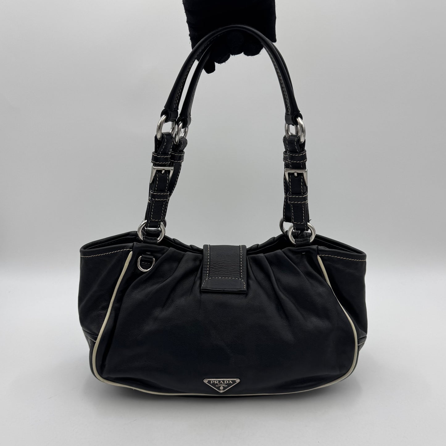 Prada Black Leather Double Pocket Buckle Satchel