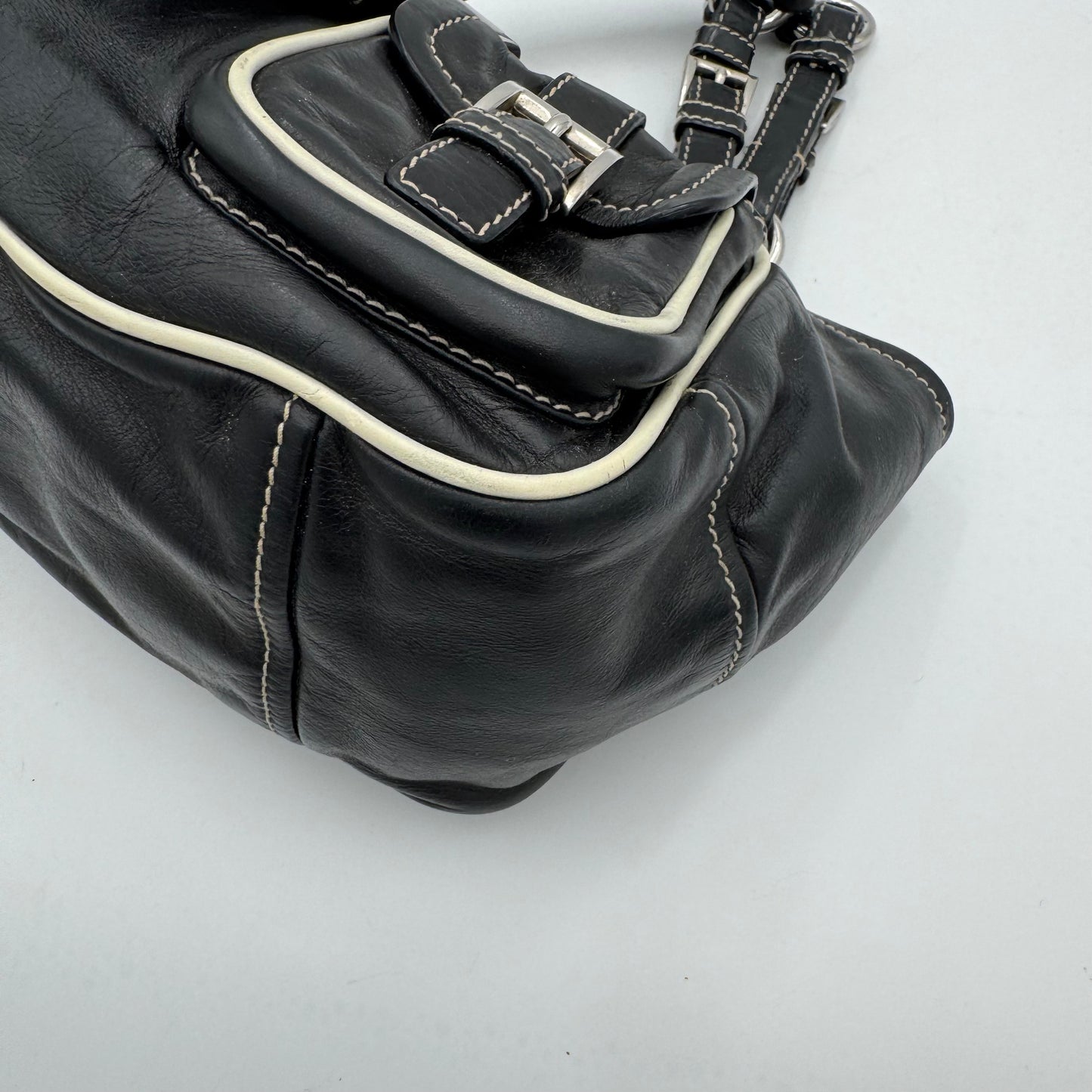 Prada Black Leather Double Pocket Buckle Satchel