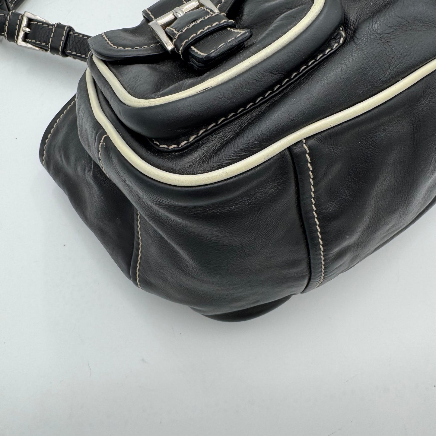 Prada Black Leather Double Pocket Buckle Satchel