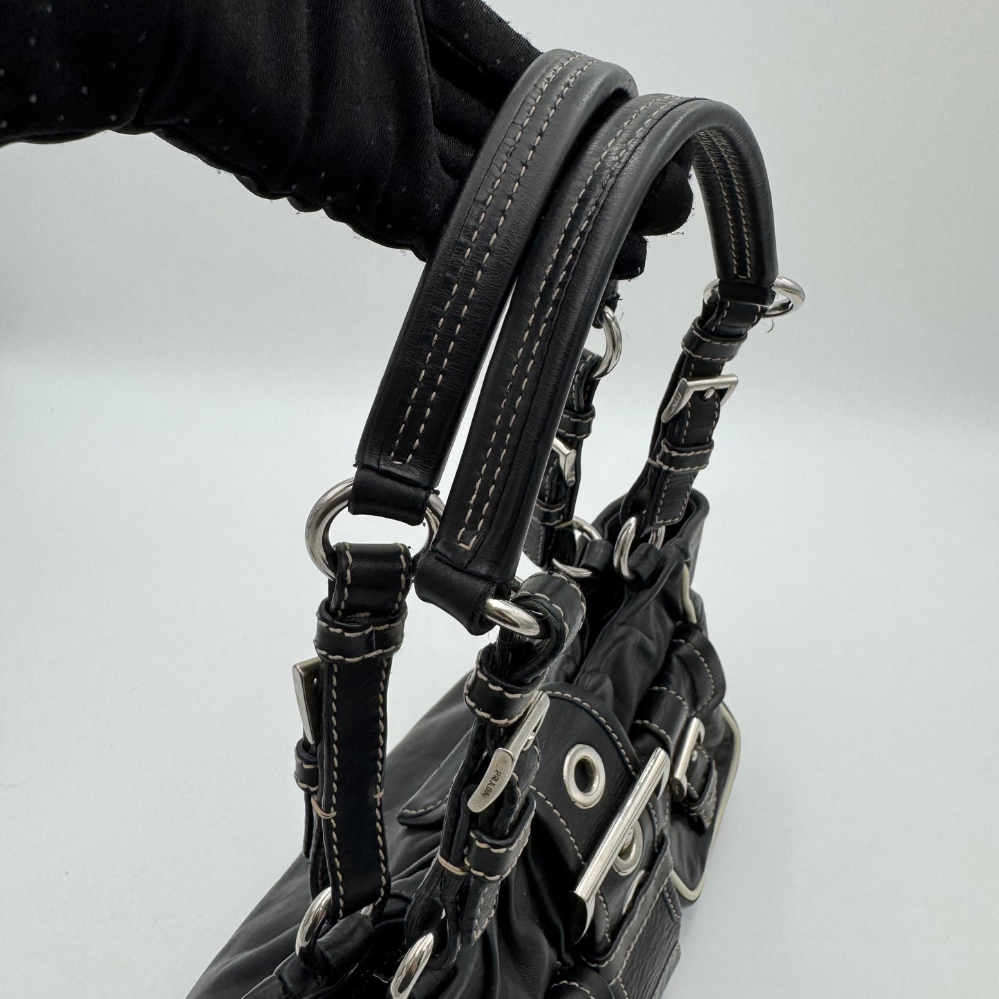 Prada Black Leather Double Pocket Buckle Satchel